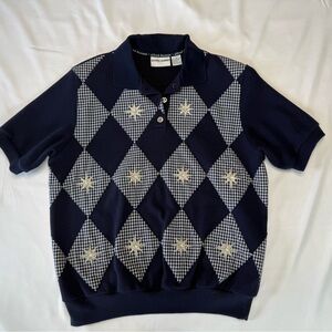 Alfred Dunner Navy and White Argyle Polo
